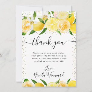 Watercolor Lemons and Flowers Sweet 16 Thank You Card