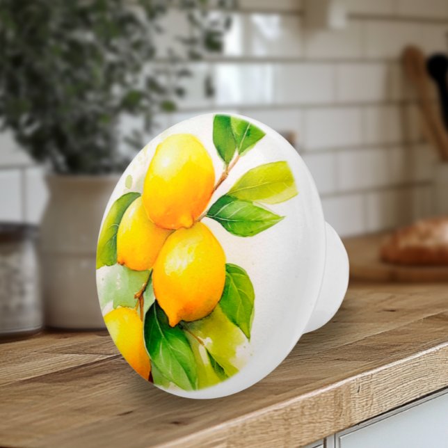 Watercolor Lemons and Green Leaves Ceramic Knob (Bright Lemons and Leaves Watercolor Artisan Knobs)