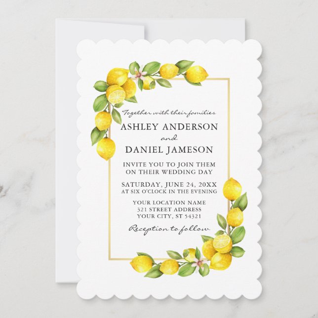 Watercolor Lemons and Greenery Wedding Invitation (Front)