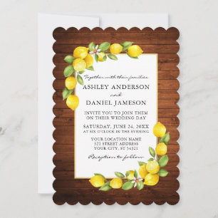 Watercolor Lemons and Greenery Wood Wedding Invitation
