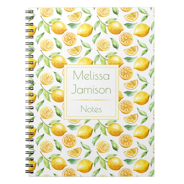 Watercolor Lemons and Leaves Monogram Notebook (Front)