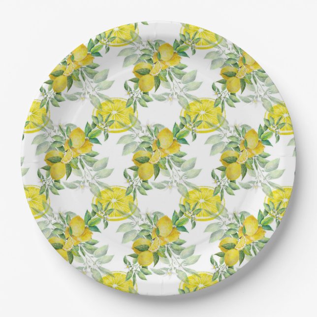 Watercolor Lemons and Leaves Paper Plate (Front)