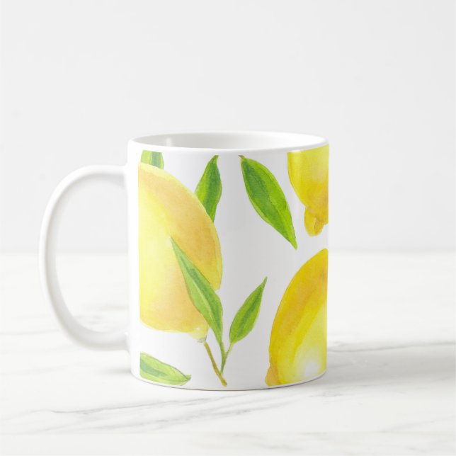 Watercolor lemons and leaves: pattern. coffee mug (Left)