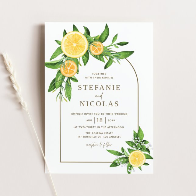 Watercolor Lemons and Oranges Arch Summer Wedding Invitation (Creator Uploaded)