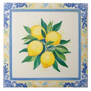 Watercolor Lemons Blue Green Yellow White Summery Ceramic Tile