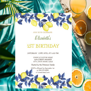 Watercolor Lemons Blue Mediterranean Birthday Invitation
