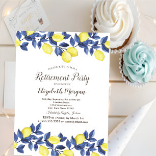 Watercolor Lemons Blue Mediterranean Retirement Invitation