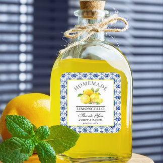Watercolor Lemons Blue Tile Limoncello Thanks Square Sticker