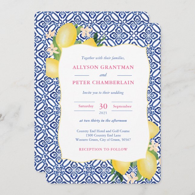 Watercolor Lemons Blue Tiles Amalfi Wedding Invitation (Front/Back)