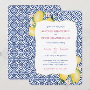 Watercolor Lemons Blue Tiles Amalfi Wedding Invitation