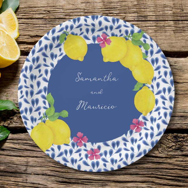 WATERCOLOR LEMONS BLUE TILES PAPER PLATE (Creator Uploaded)