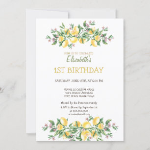 Watercolor Lemons Botanical Flowers Birthday Invitation