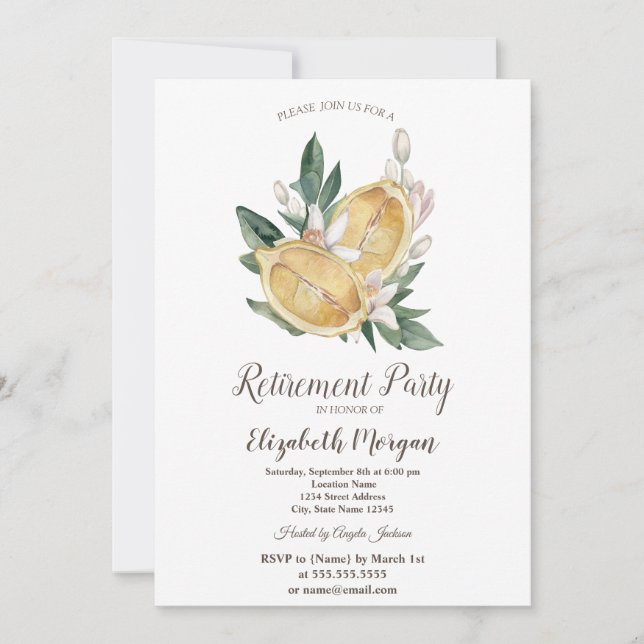 Watercolor Lemons Botanical Retirement  Invitation (Front)