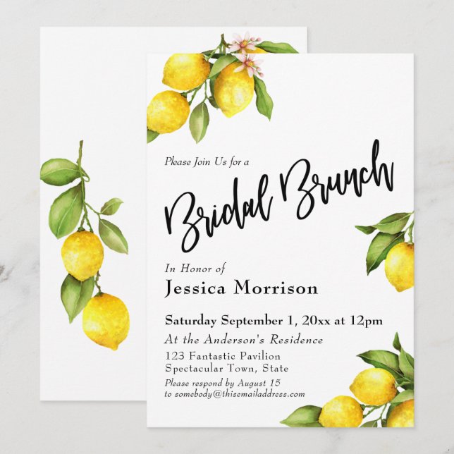 Watercolor Lemons Bridal Brunch Typography Invitation (Front/Back)