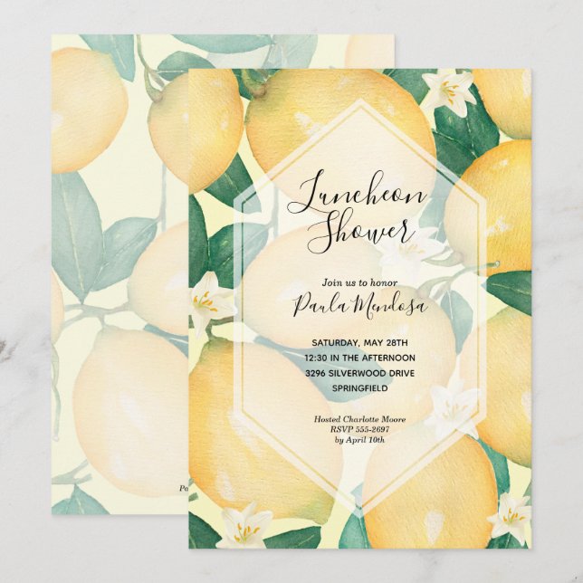 Watercolor Lemons Bridal Shower Invitations (Front/Back)