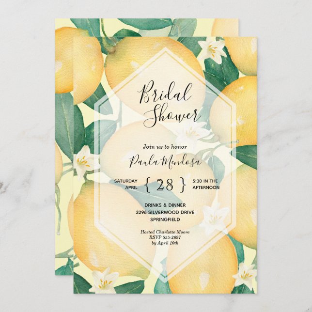 Watercolor Lemons Bridal Shower Invitations (Front/Back)