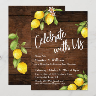 Watercolor Lemons Celebrate With Us on Rustic Wood Invitation