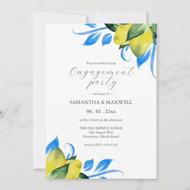 Watercolor Lemons Engagement Party Invitation (Front)