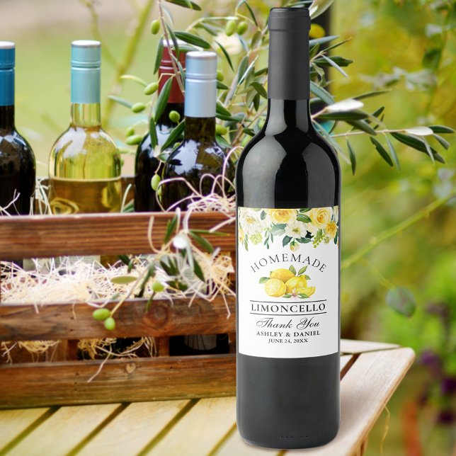 Watercolor Lemons Floral Limoncello Bottle Labels (Customize to change text size, color or text style.)