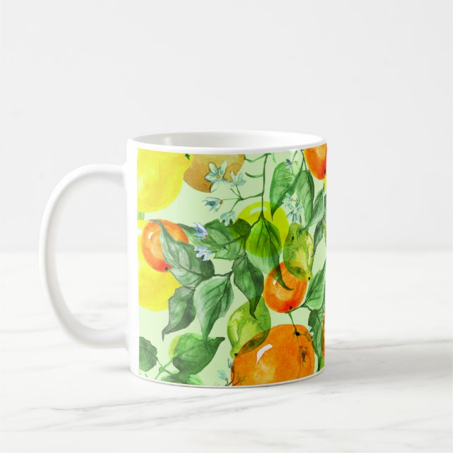 Watercolor lemons, flowers, citrus pattern. coffee mug (Left)