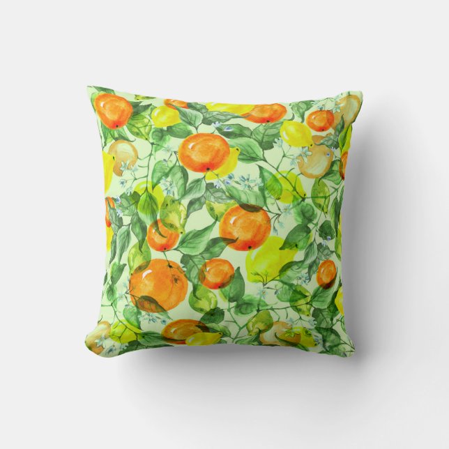 Watercolor lemons, flowers, citrus pattern. cushion (Front)
