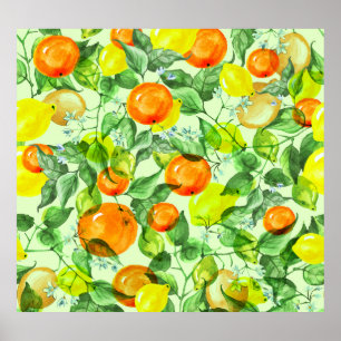 Watercolor lemons, flowers, citrus pattern. poster