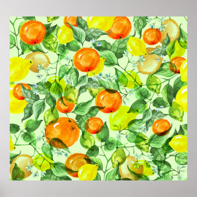 Watercolor lemons, flowers, citrus pattern. poster (Front)