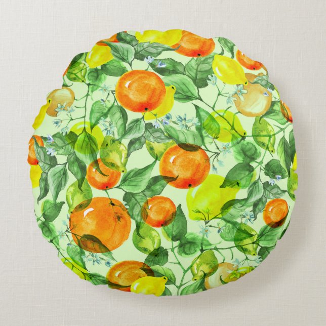 Watercolor lemons, flowers, citrus pattern. round cushion (Front)