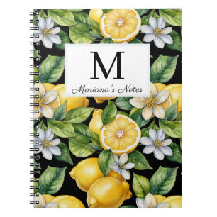 watercolor lemons & flowers monogram personalised notebook