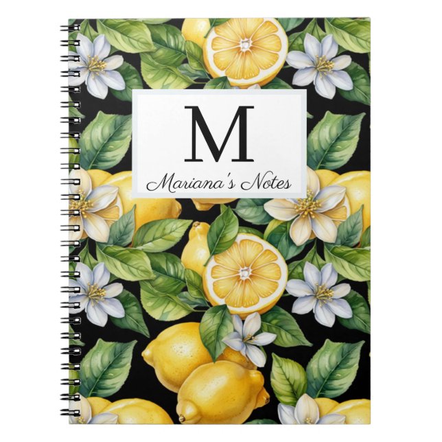  watercolor lemons & flowers monogram personalised notebook (Front)