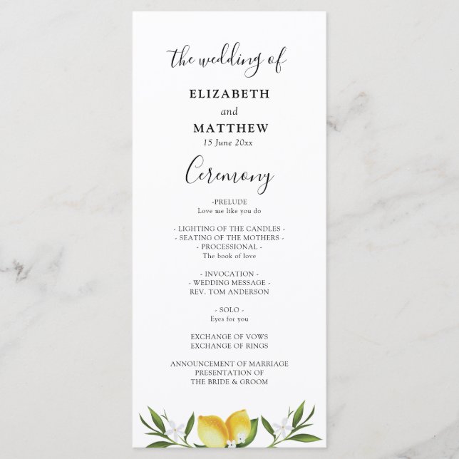 Watercolor lemons foliage wedding program (Front)