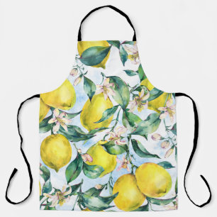 Watercolor lemons, fresh citrus branch. apron