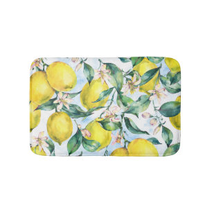 Watercolor lemons, fresh citrus branch. bath mat