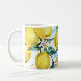 Watercolor lemons, fresh citrus branch. coffee mug