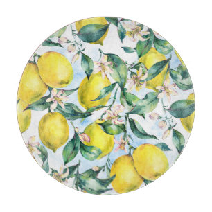 Watercolor lemons, fresh citrus branch. cutting board