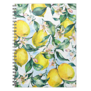 Watercolor lemons, fresh citrus branch. notebook