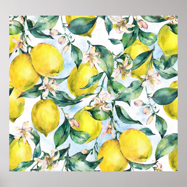 Watercolor lemons, fresh citrus branch. poster (Front)