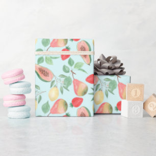 Watercolor lemons fruit papaya, pear, strawberry, wrapping paper