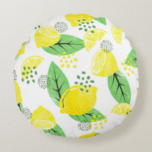 Watercolor Lemons: Fruitful Seamless Design Round Cushion