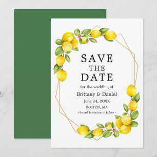 Watercolor Lemons Geo Frame Greenery Save The Date