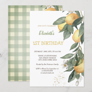 Watercolor Lemons Green Plaid Birthday  Invitation