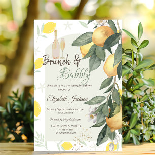 Watercolor Lemons Green Plaid Brunch & Bubbly Invitation