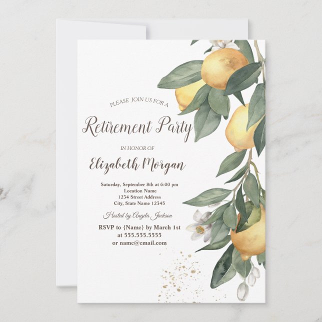 Watercolor Lemons Green Plaid Retirement  Invitation (Front)