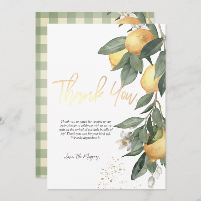 Watercolor Lemons Green Plaid Thank You Card (Front/Back)