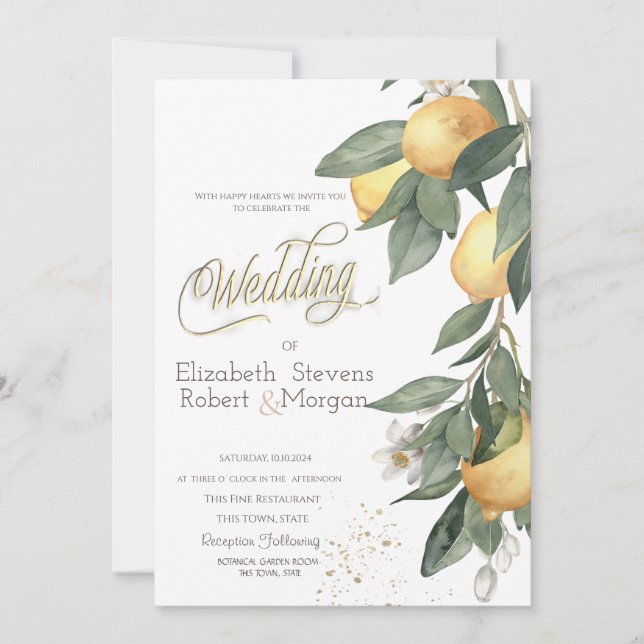 Watercolor Lemons Green Plaid Wedding Invitation (Front)