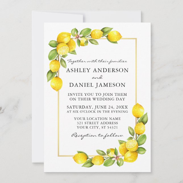Watercolor Lemons Greenery Gold Frame Wedding Invitation (Front)
