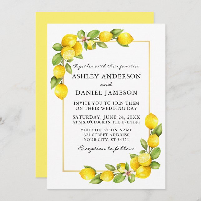 Watercolor Lemons Greenery Gold Yellow Wedding Invitation (Front/Back)