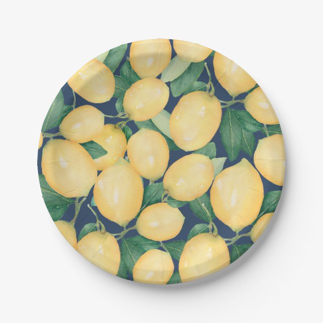 Watercolor Lemons Greenery on Navy Blue Paper Plate (Front)