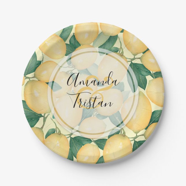 Watercolor Lemons Greenery Personalised Paper Plate (Front)