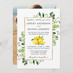 Watercolor Lemons Greenery Photo Back Wedding Invitation